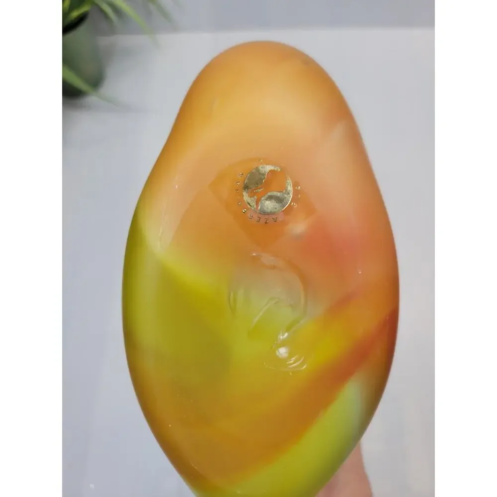 Vintage Azerbaijan Art Glass Vase Yellow Orange Red Satin Swirl Baijan Pinch Top